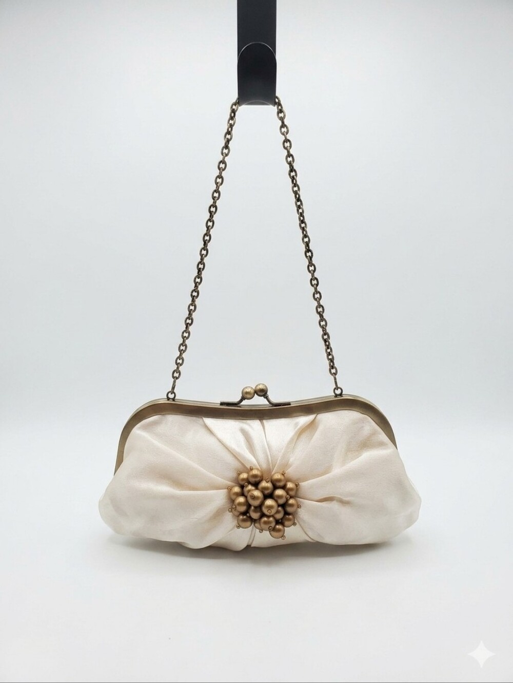 Vintage-Style Ivory Satin Evening Clutch with Ornate Gold Bead Brooch
